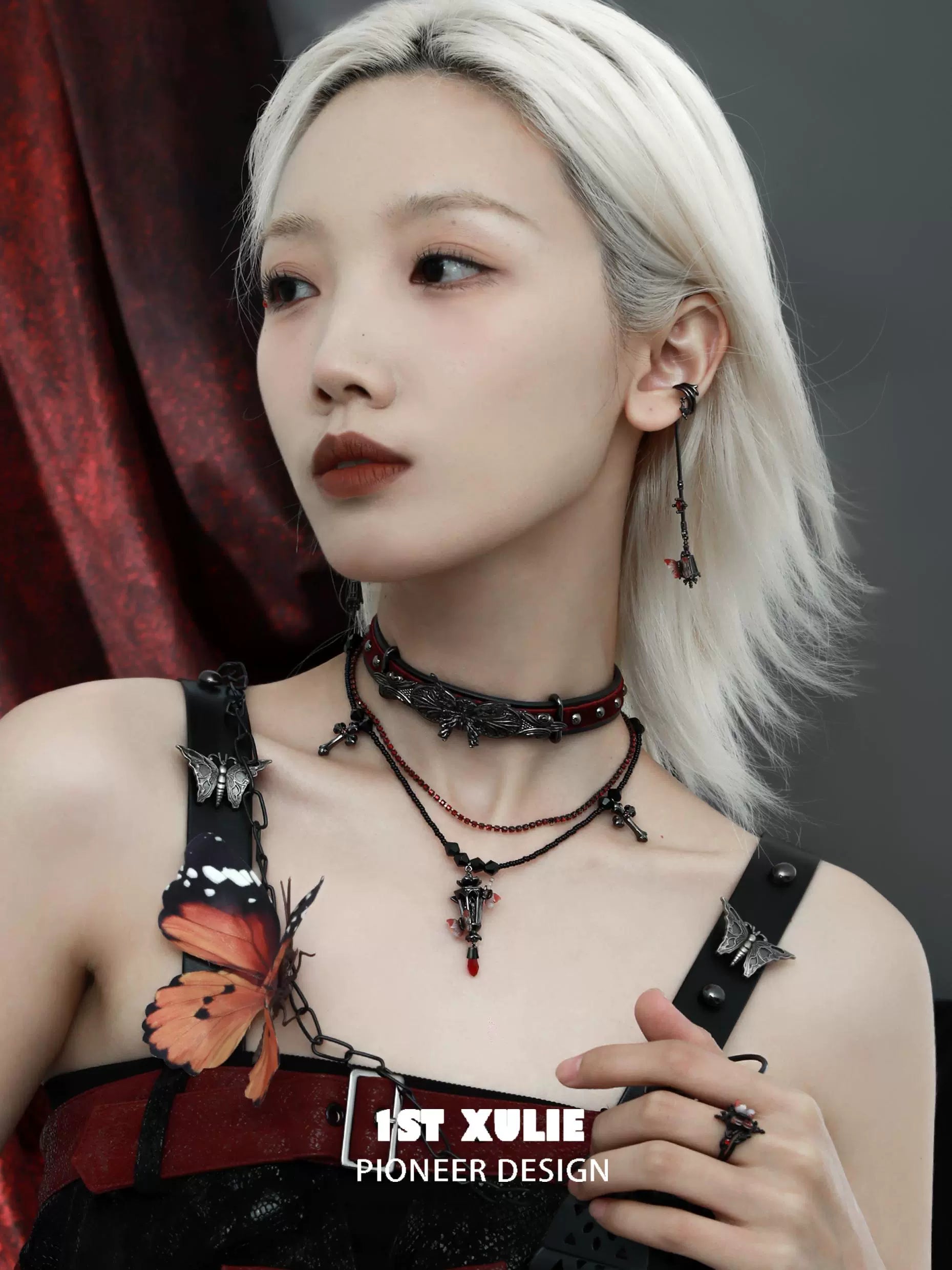 Y2K gothic butterfly necklace layered with elegant gothic accessories for a trendy look