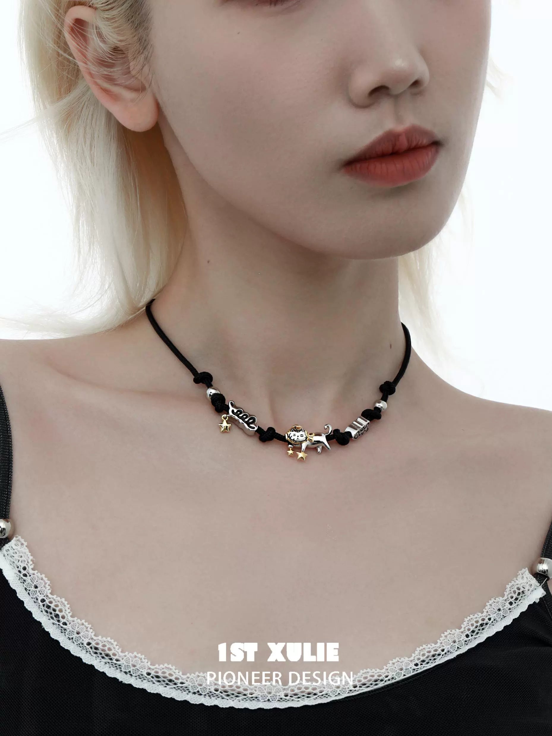 Y2K kitty leather necklace with playful charms, perfect for adding a trendy touch to any outfit