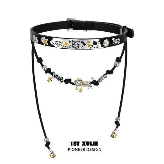 Y2K kitty leather necklace featuring playful charms and adjustable design for stylish cat lovers