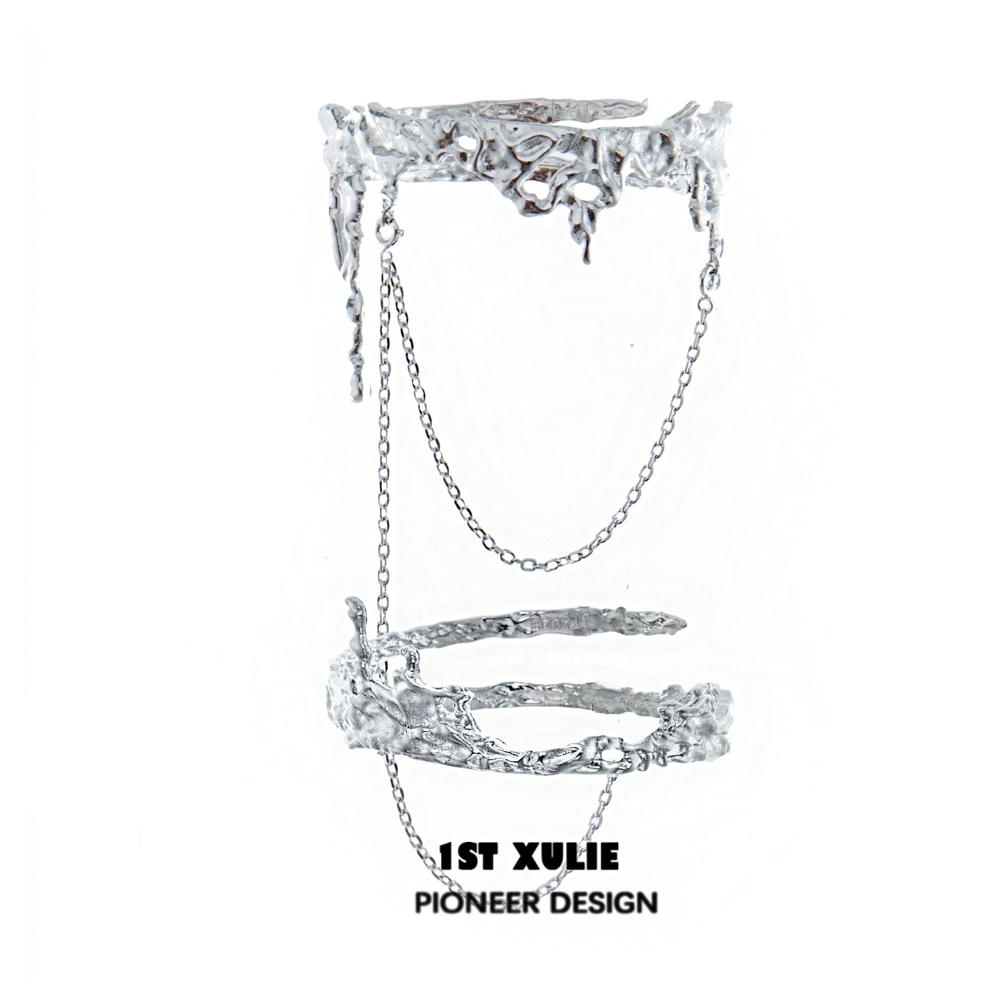 Y2K liquid metal arm bracelet with a unique design featuring chains and intricate details