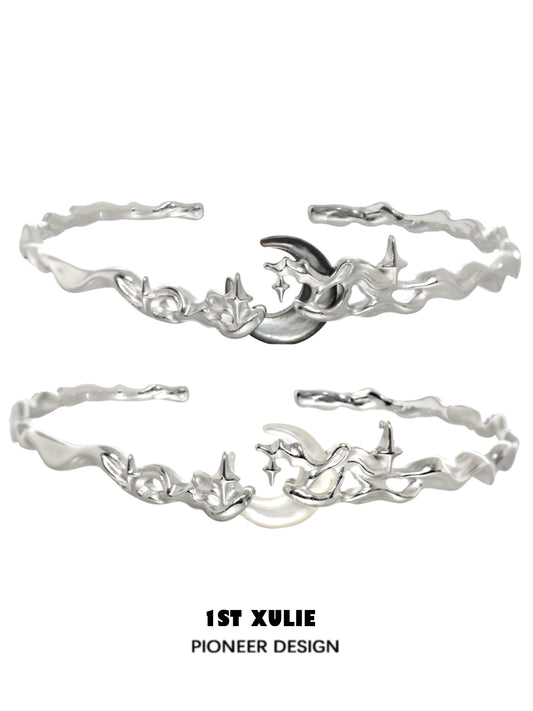 Y2K moon orchid silver couple bracelet featuring whimsical design with stars and moon accents