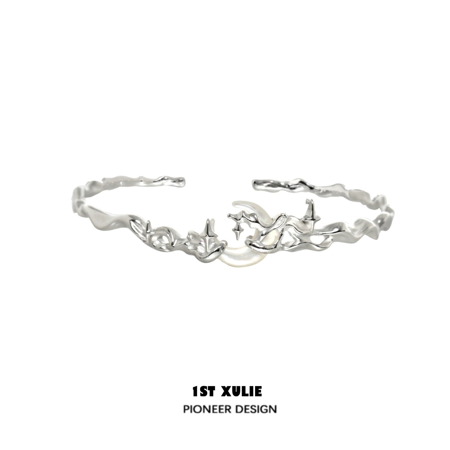 Y2K moon orchid silver couple bracelet featuring a unique wavy design and floral accents