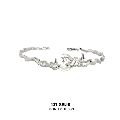 Y2K moon orchid silver couple bracelet featuring a unique wavy design and floral accents
