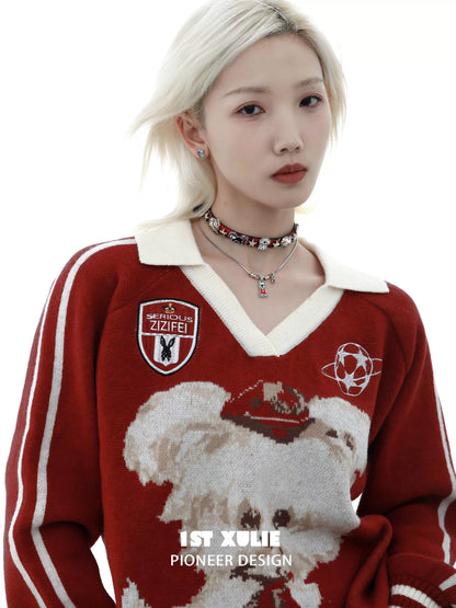 Model wearing Y2K playful pup necklace with colorful charms and a cozy sweater