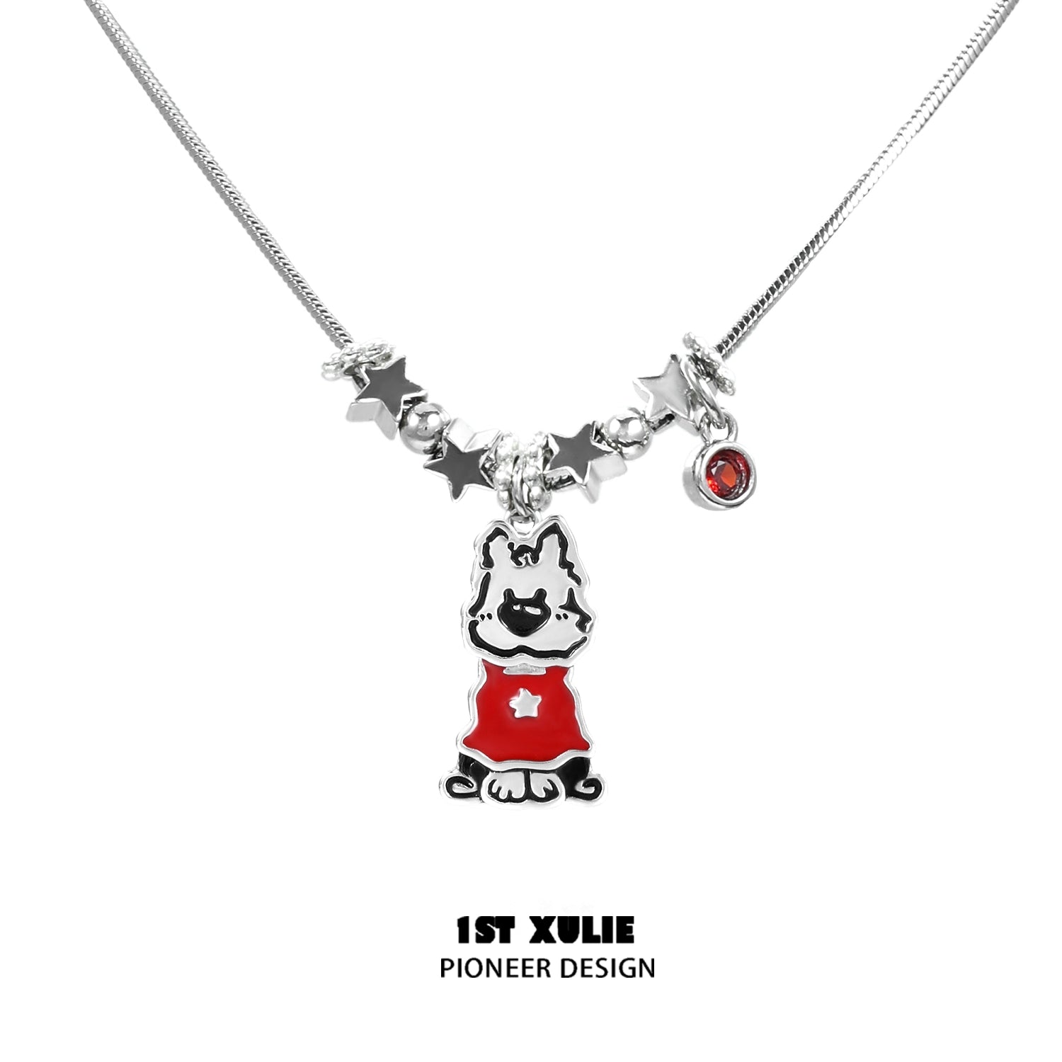 Y2K playful pup necklace featuring a charming dog pendant with star charms and a red gemstone
