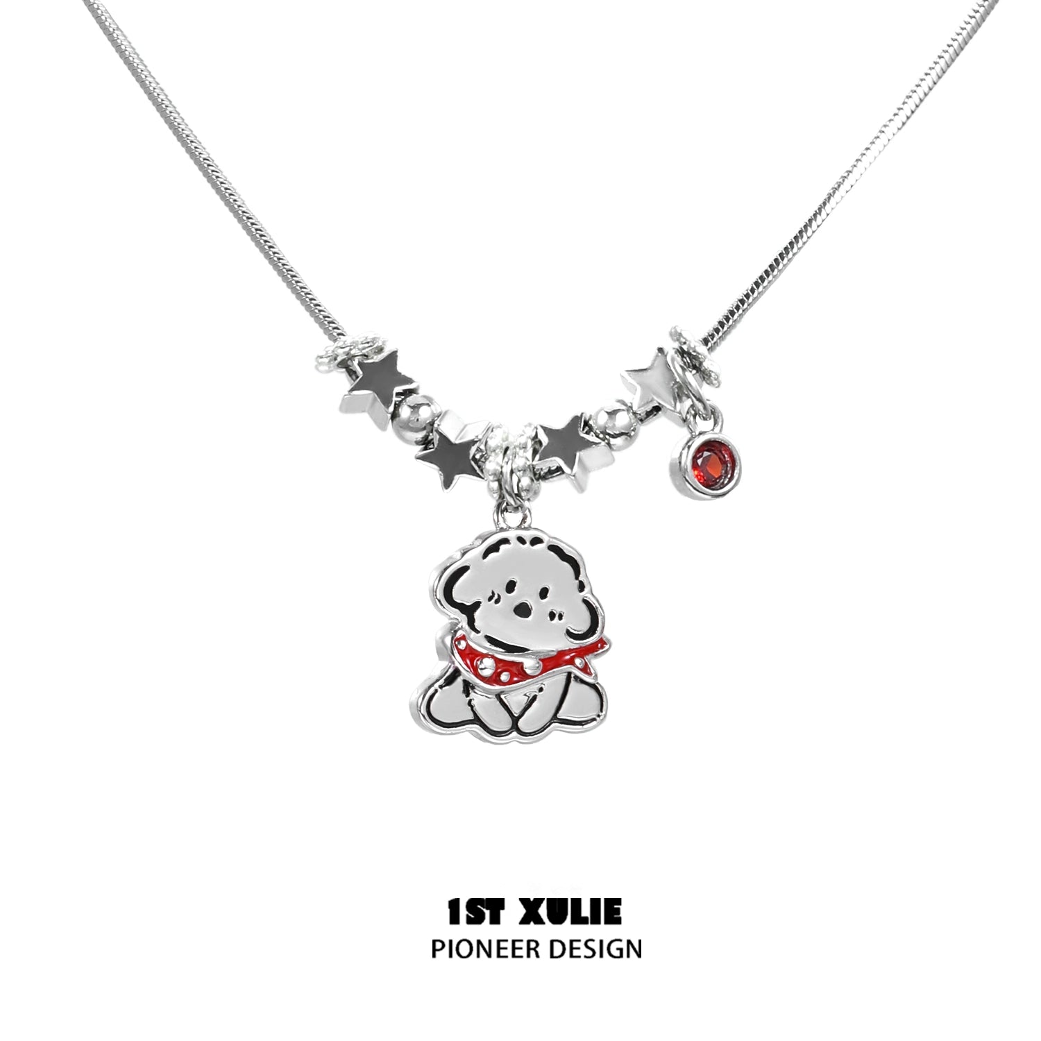 Y2K playful pup necklace featuring a cute dog charm with red scarf and silver star accents