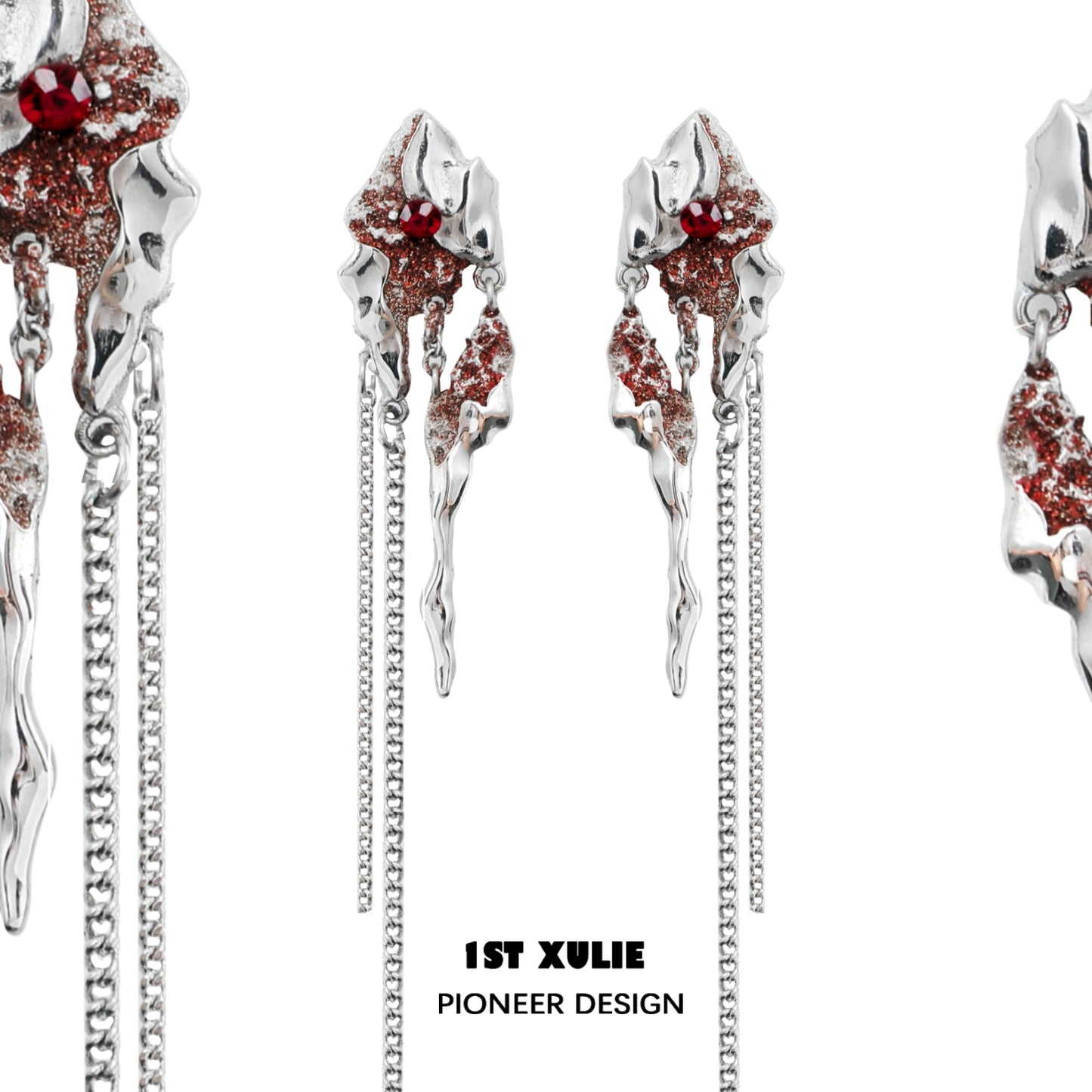 Y2K post-apocalyptic earrings featuring shimmering red accents and unique chain designs
