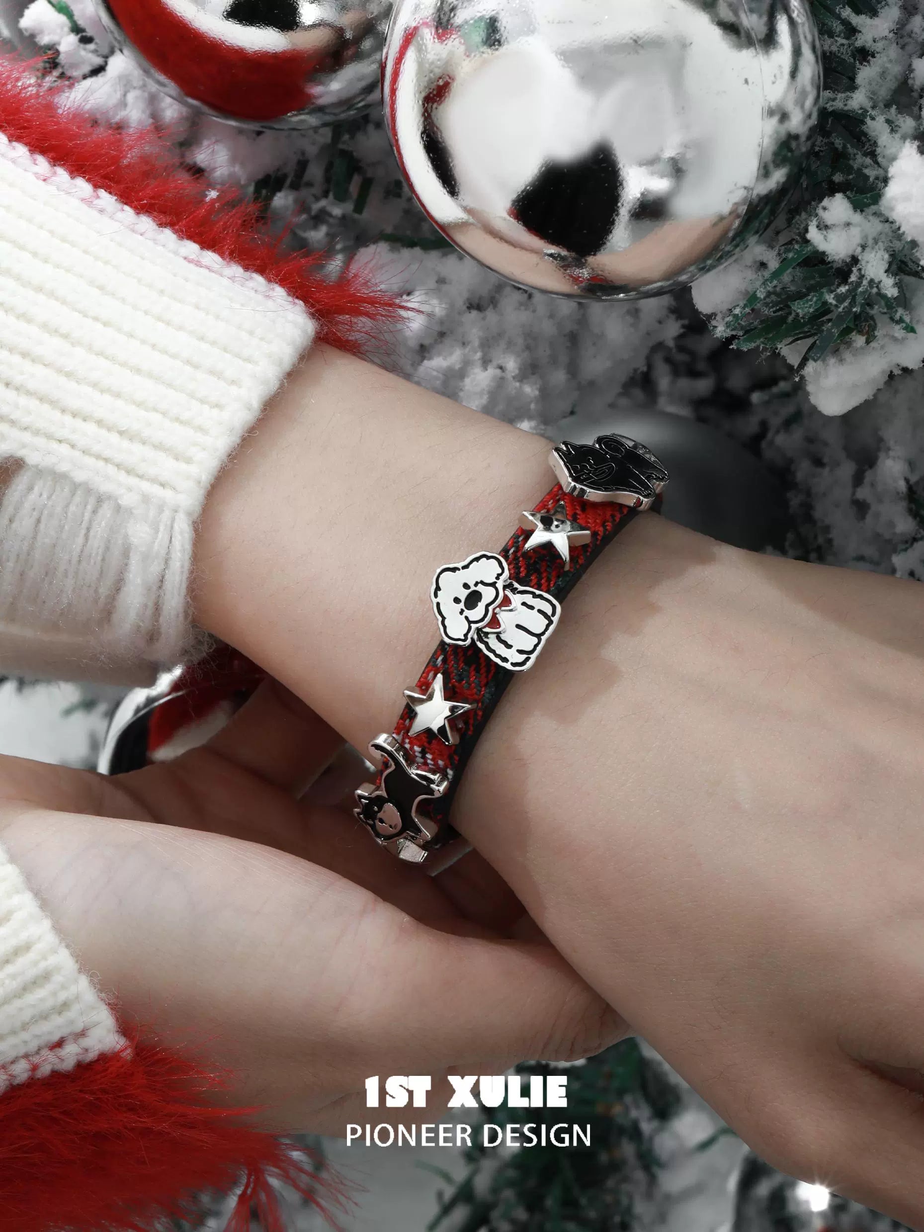 Y2K puppy bracelet with colorful charms on a wrist, perfect for trendy accessory lovers