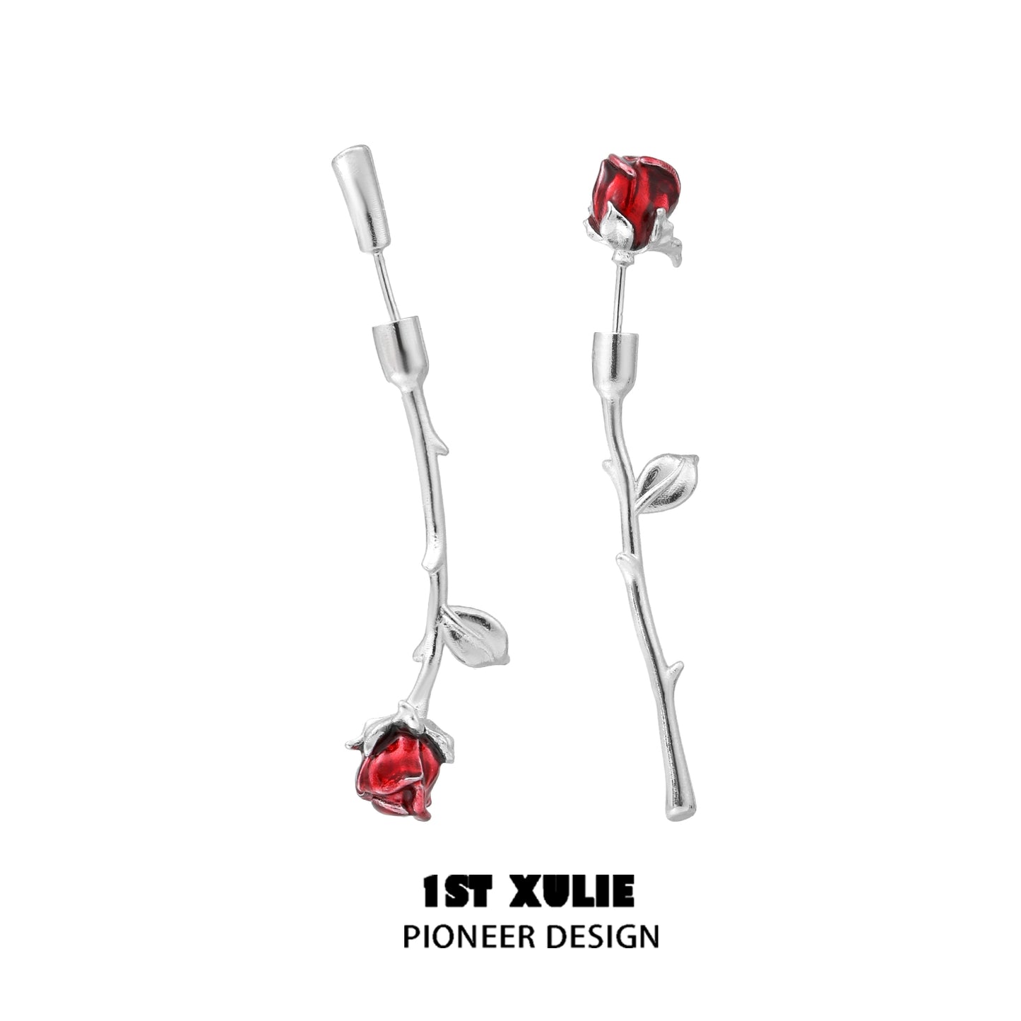 Y2K rose silver earrings featuring a unique design with red rose accents for stylish wear