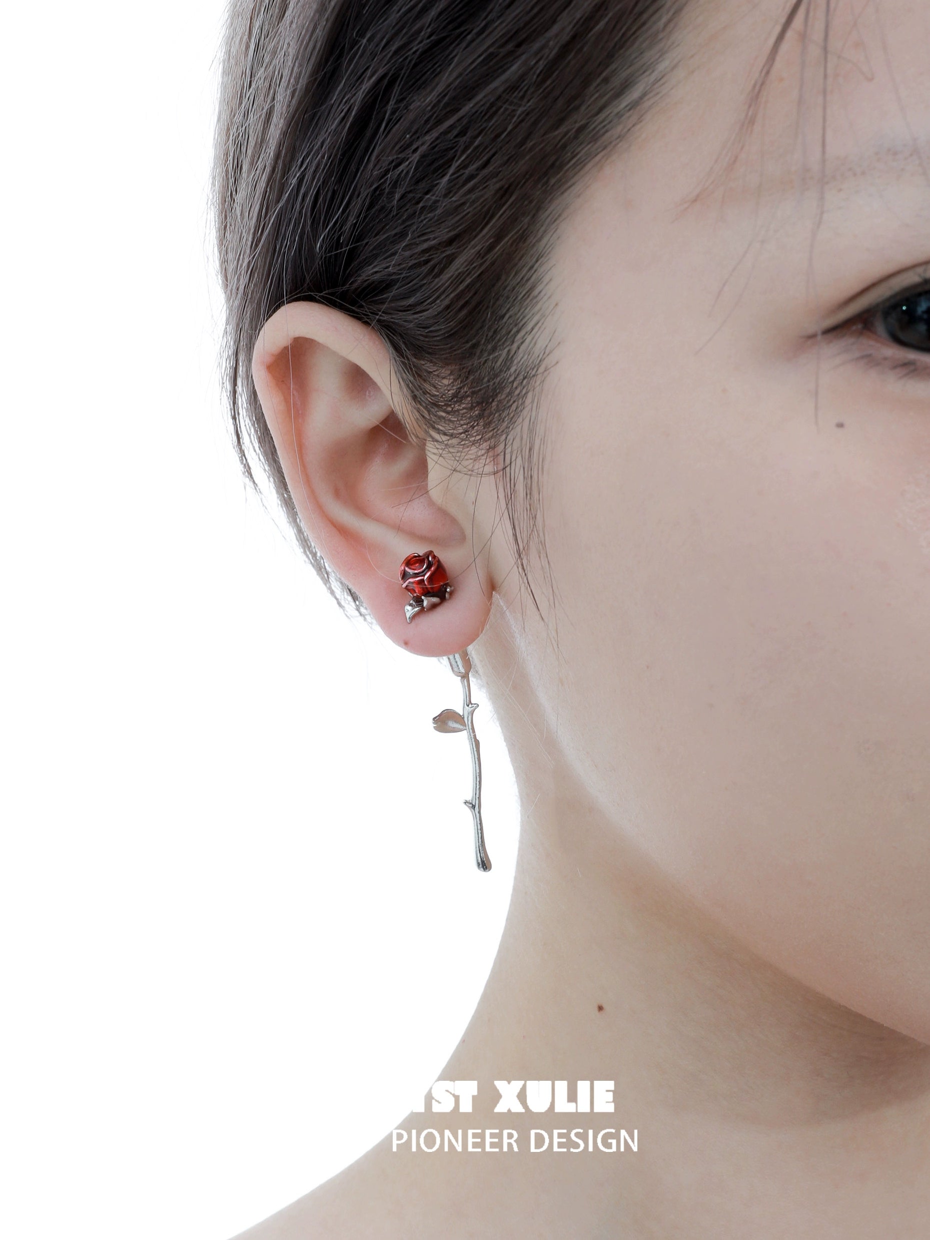 Y2K rose silver earrings featuring a delicate rose design and a hanging stem for a trendy look