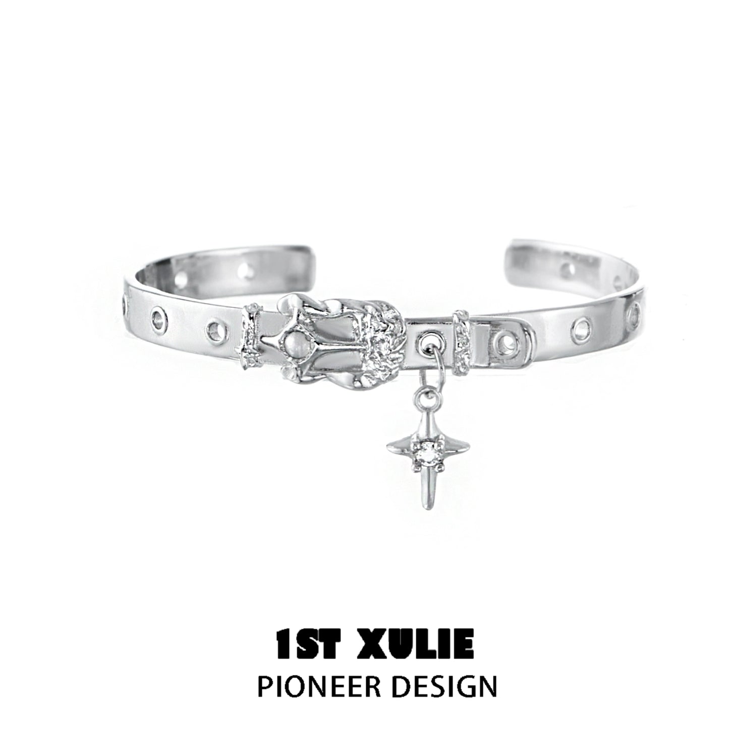 Y2K silver belt bracelet featuring a decorative design and charm for a trendy look
