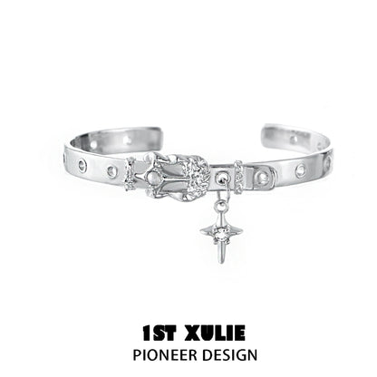 Y2K silver belt bracelet featuring a decorative design and charm for a trendy look