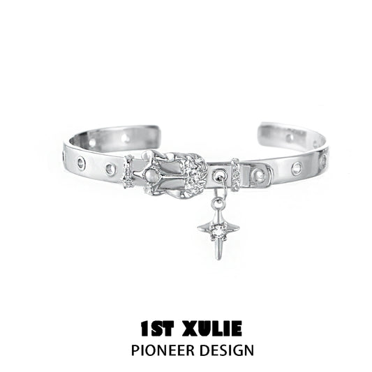 Y2K silver belt bracelet featuring a decorative design and charm for a trendy look