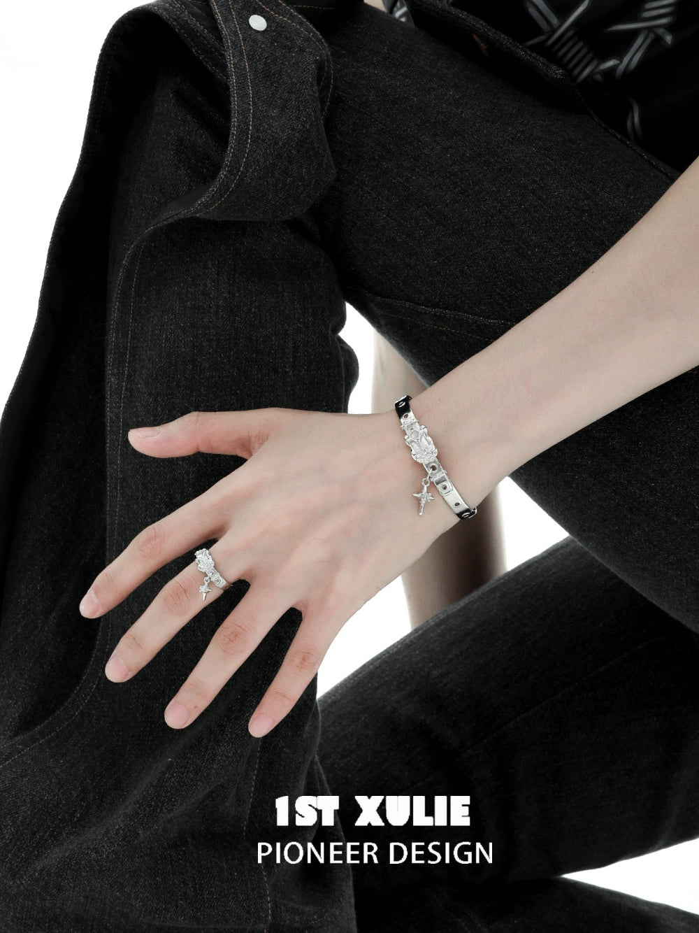 Model wearing a stylish 1STXULIE Y2K silver belt buckle ring alongside a chic bracelet