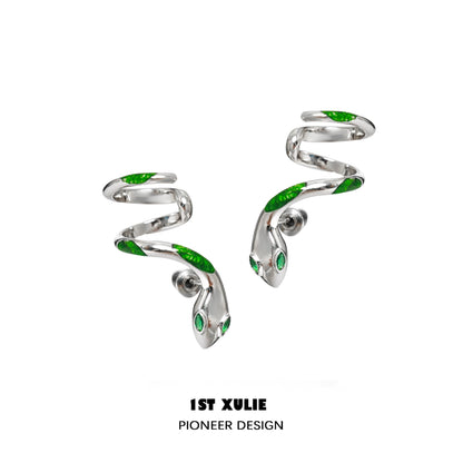 Y2K Slytherin snake earrings in silver with green accents for a stylish statement