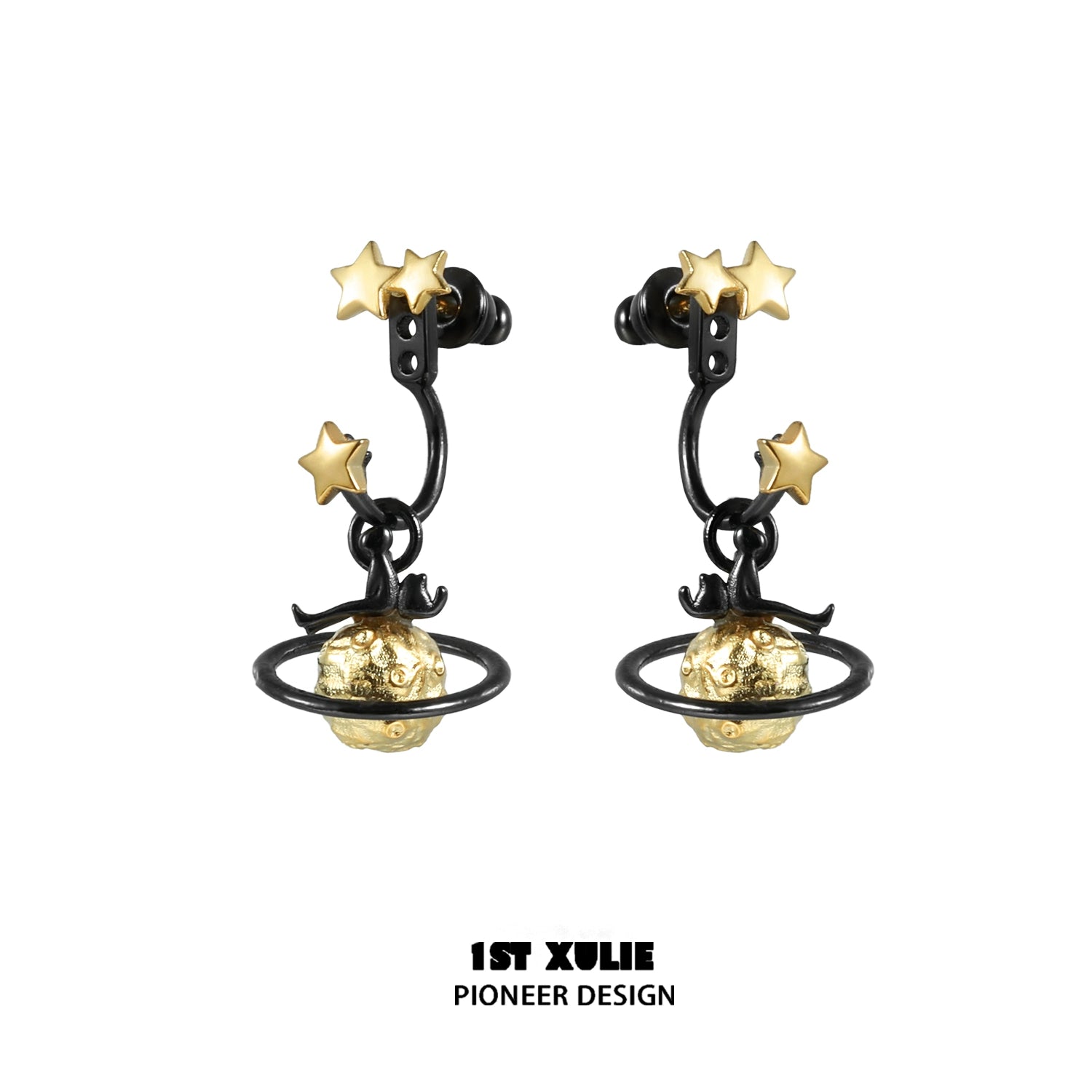 Y2K star earrings featuring gold stars and planet design on black metal hoops