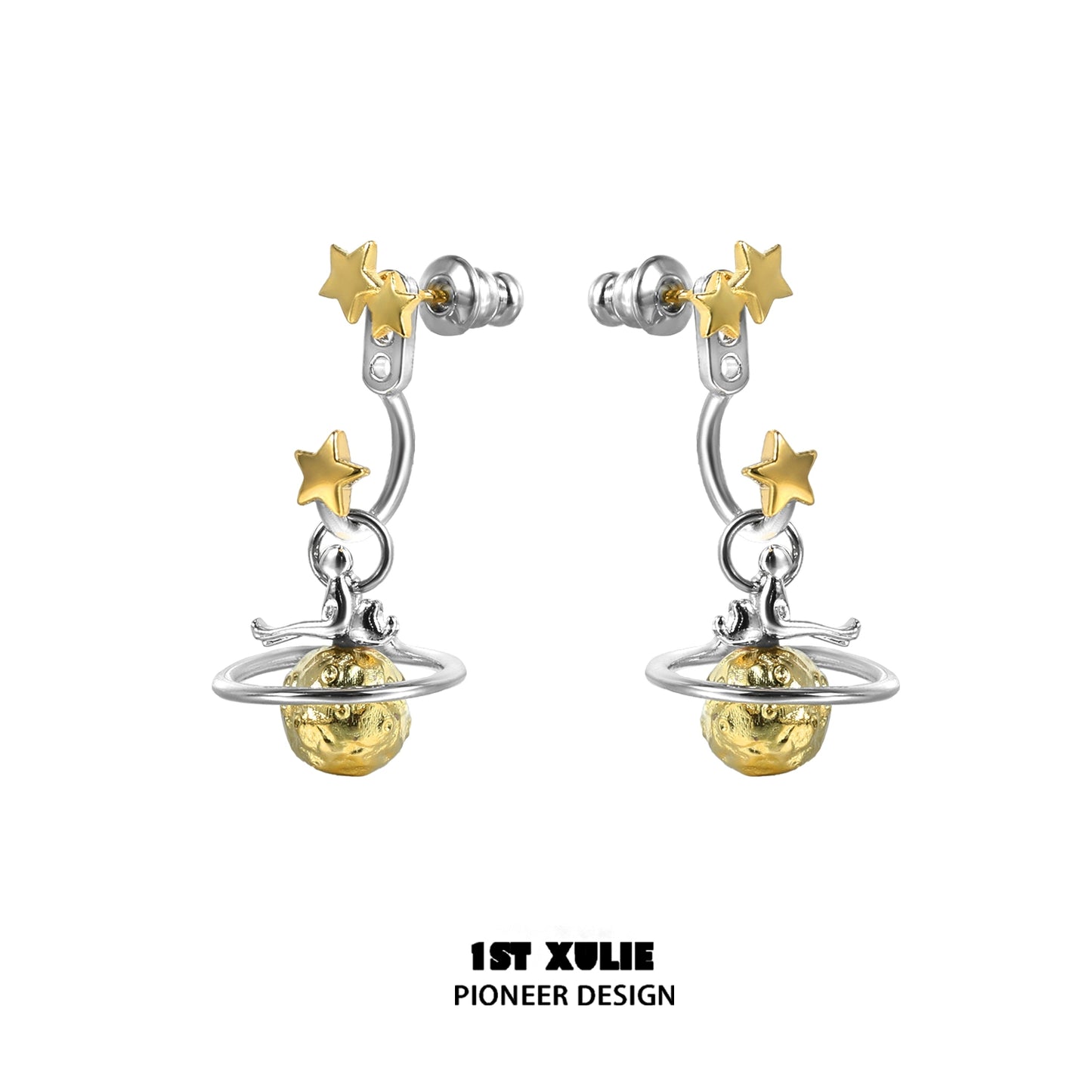 Y2K star earrings featuring gold planet design with silver star details for trendy fashion lovers