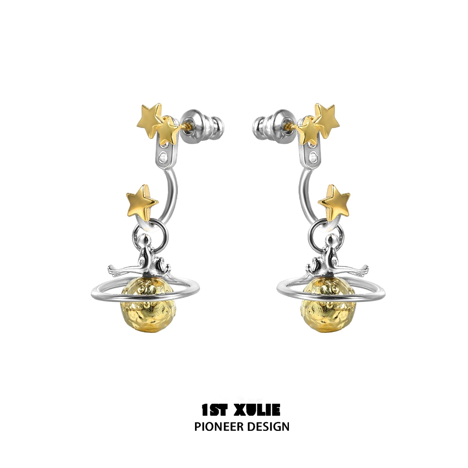 Y2K star earrings featuring gold planet design with silver star details for trendy fashion lovers