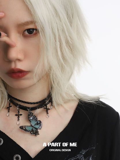 Blue Butterfly Leather Necklace