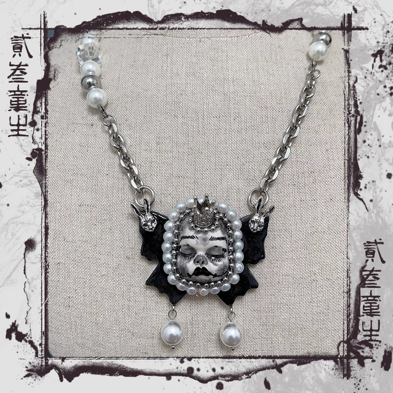 Necklaces-Ersan Tongsheng Original Design Pearl Titanium Steel Necklace Heavy Industry Diablo Goth Collarbone Chain Choker Vintage Doll