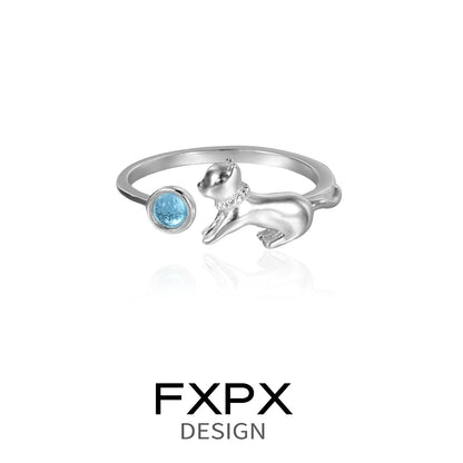 Cute blue cat ring in silver with a sparkling blue gem accent for cat lovers