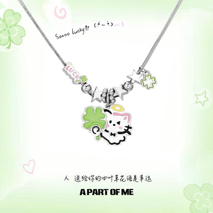 Lucky Clover Cat & Puppy Necklace