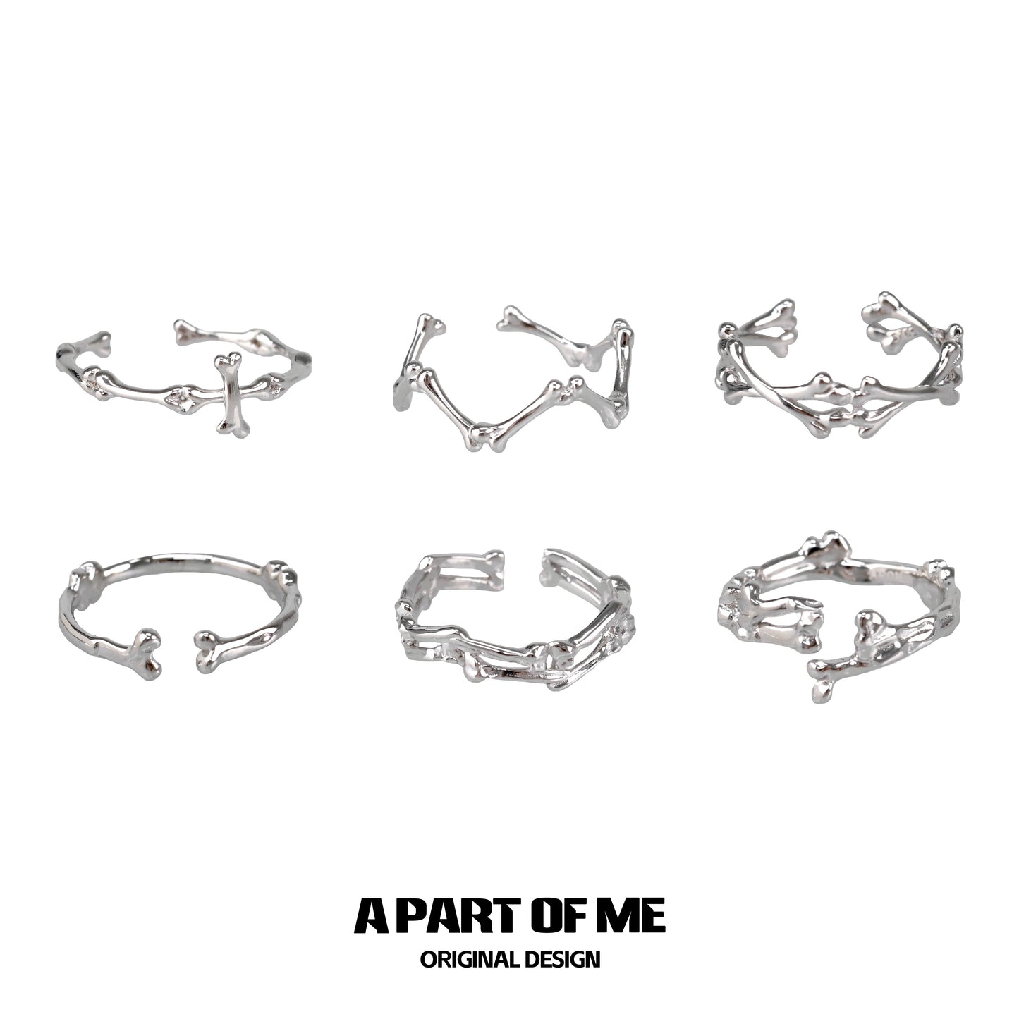 Set of six abstract bone silver rings from A PART OF ME featuring unique skeletal designs