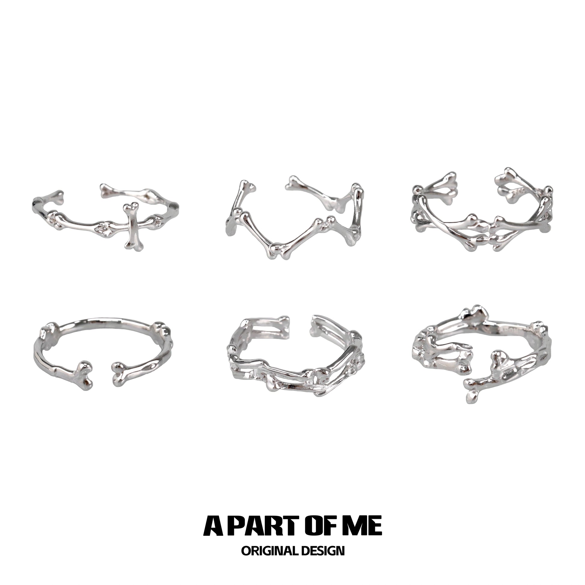 Set of six abstract bone silver rings from A PART OF ME featuring unique skeletal designs