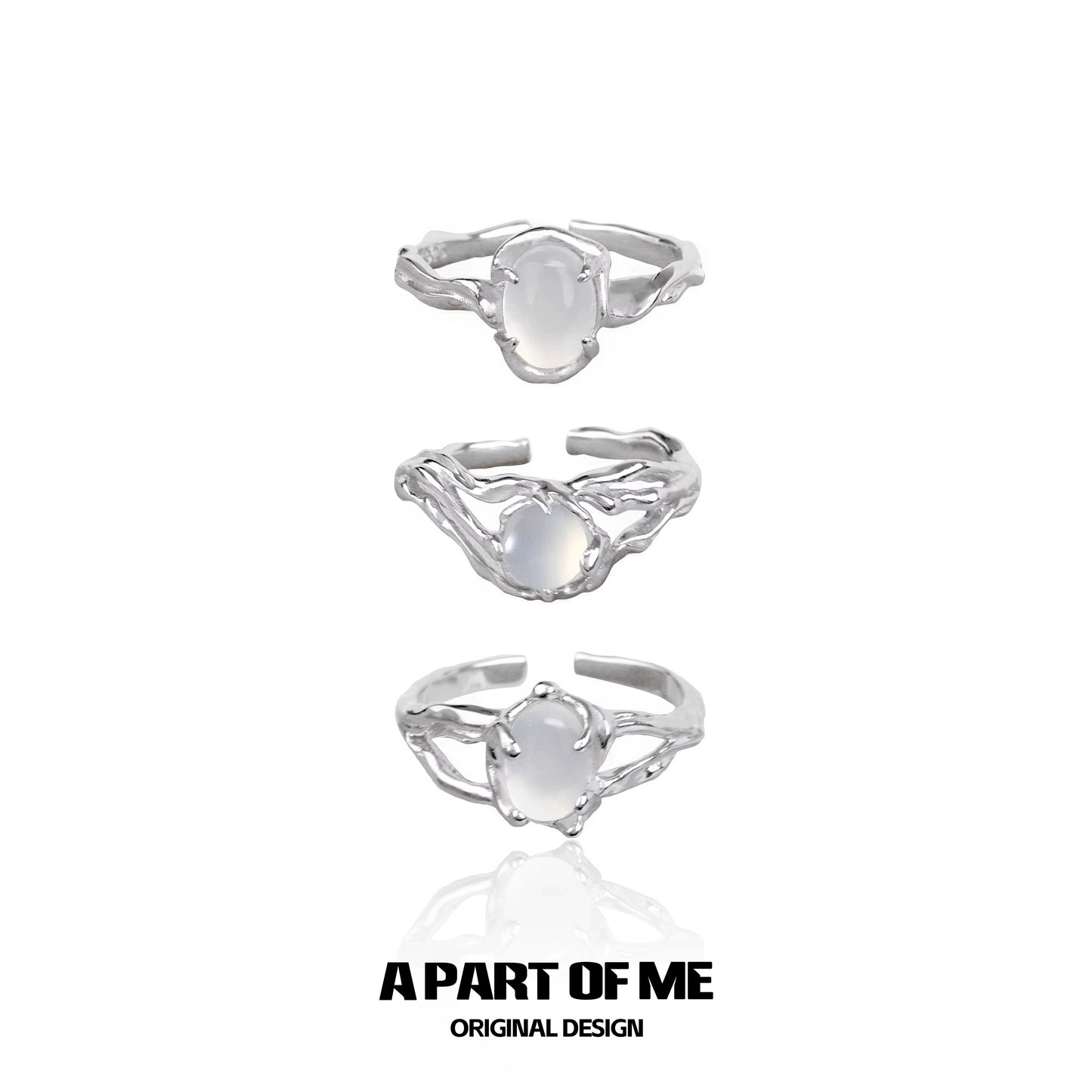 A PART OF ME silver agate textured ring in three unique designs, showcasing elegant craftsmanship