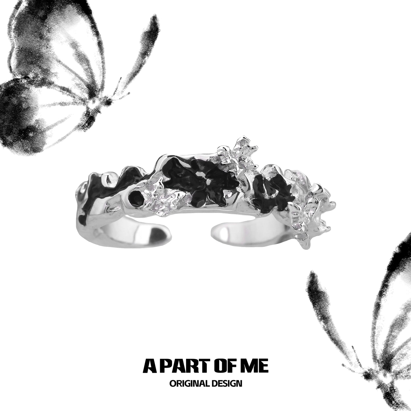 A PART OF ME black butterfly ring featuring a unique design with black accents and silver detailing