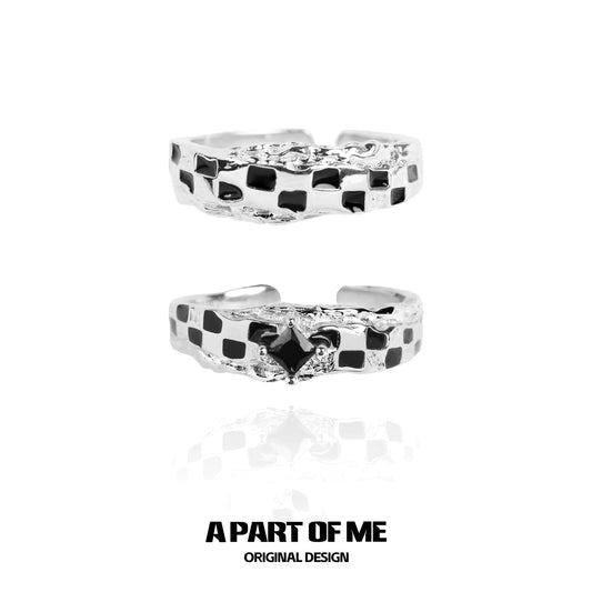 A PART OF ME black white chessboard ring in a unique textured design with modern style