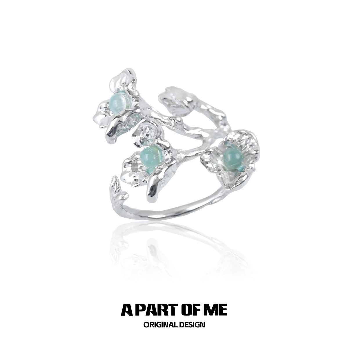 A Part of Me silver blue flower ring featuring delicate floral design with teal gemstones