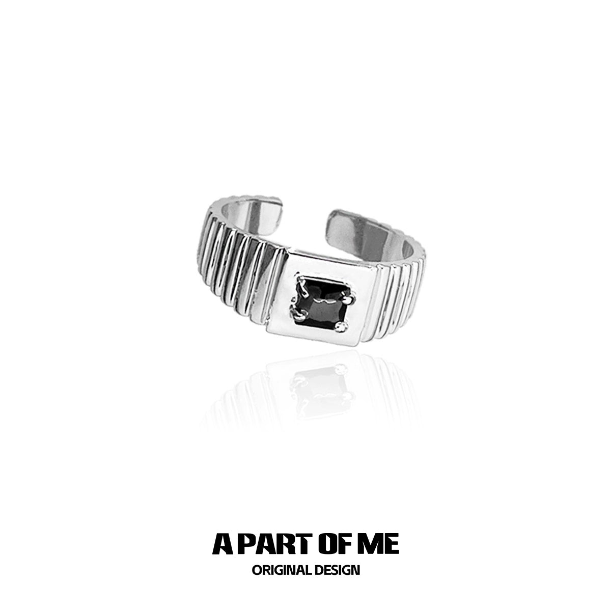 Silver Bold Stone Hip-Hop Ring featuring a square black stone and ridged band design