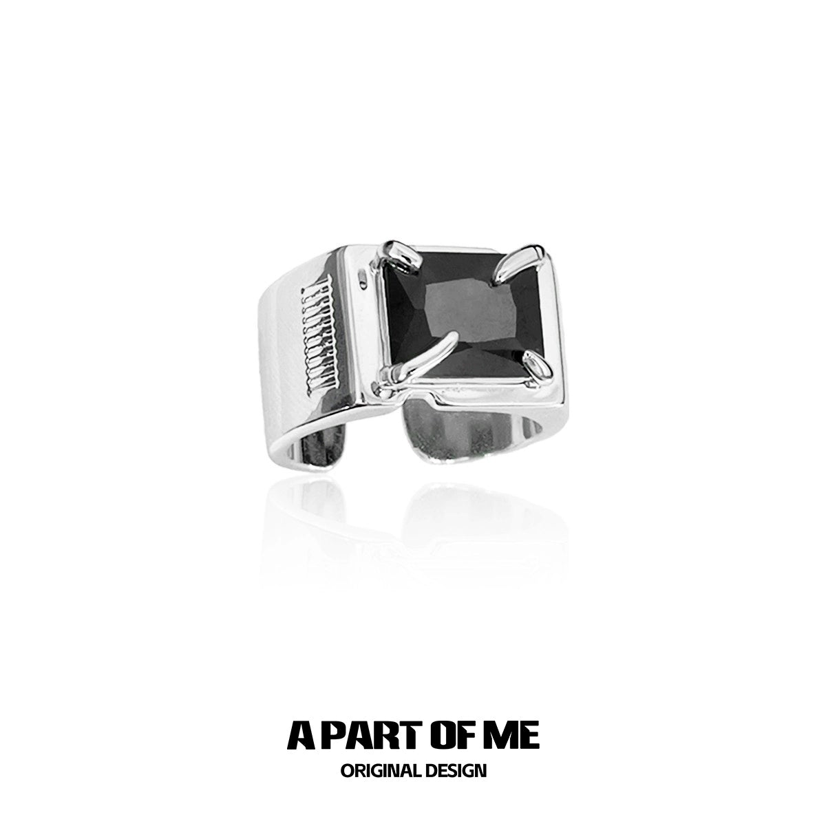 Silver A PART OF ME bold stone hip-hop ring featuring a large black gemstone