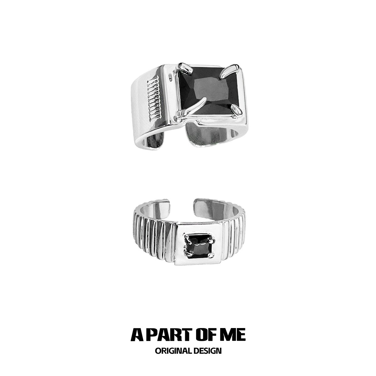 Bold stone hip-hop ring with a square black stone and sleek silver bands by A PART OF ME