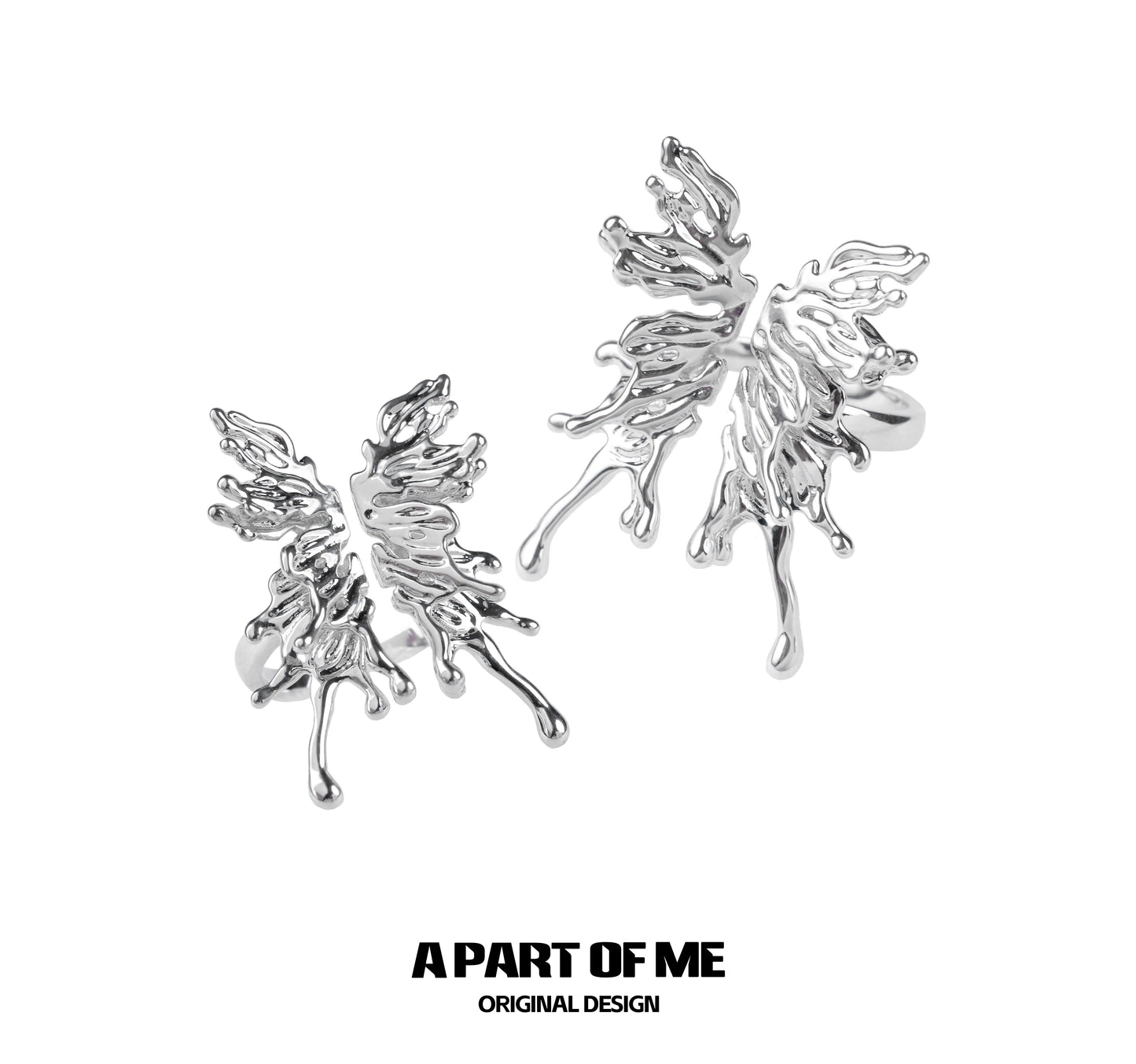 A PART OF ME butterfly liquid metal ring with an intricate flame-like design and shiny silver finish