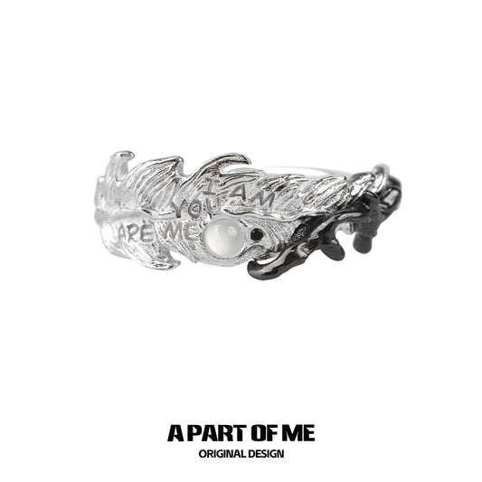 A PART OF ME Feather Letter Ring with Pearl Detail and Engraved Message for Unique Style