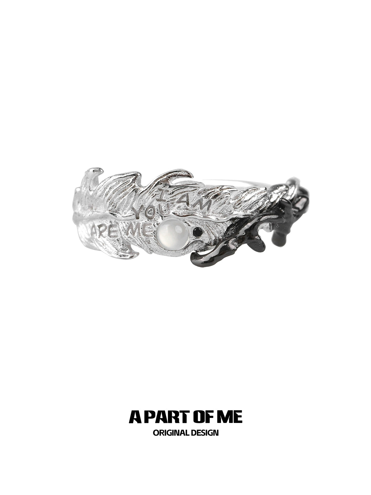 A PART OF ME feather letter ring featuring intricate design and a pearl accent for unique style