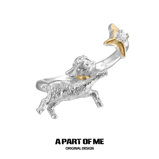A PART OF ME good night lamb ring in silver with a golden star accent and a playful lamb design