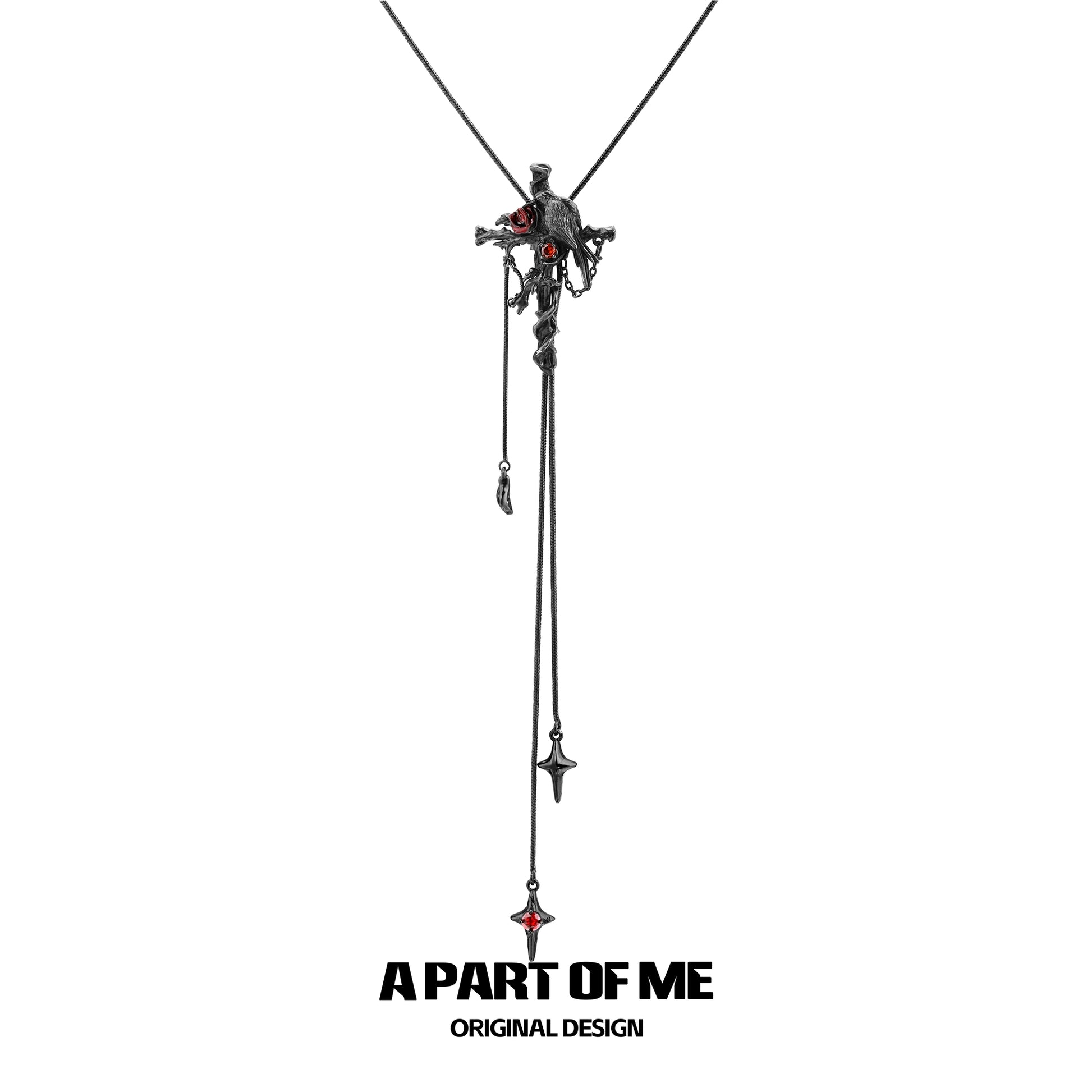 A PART OF ME gothic crow cross necklace featuring intricate design and drop pendant details