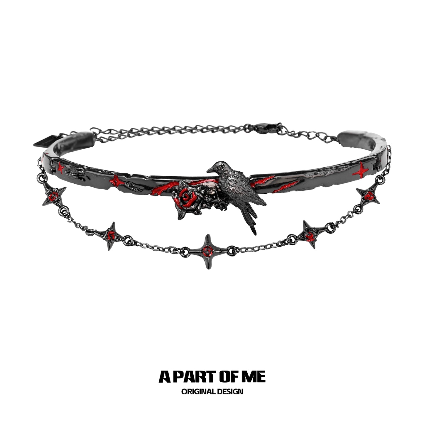 Gothic raven necklace featuring a raven and red accents on a black chain design