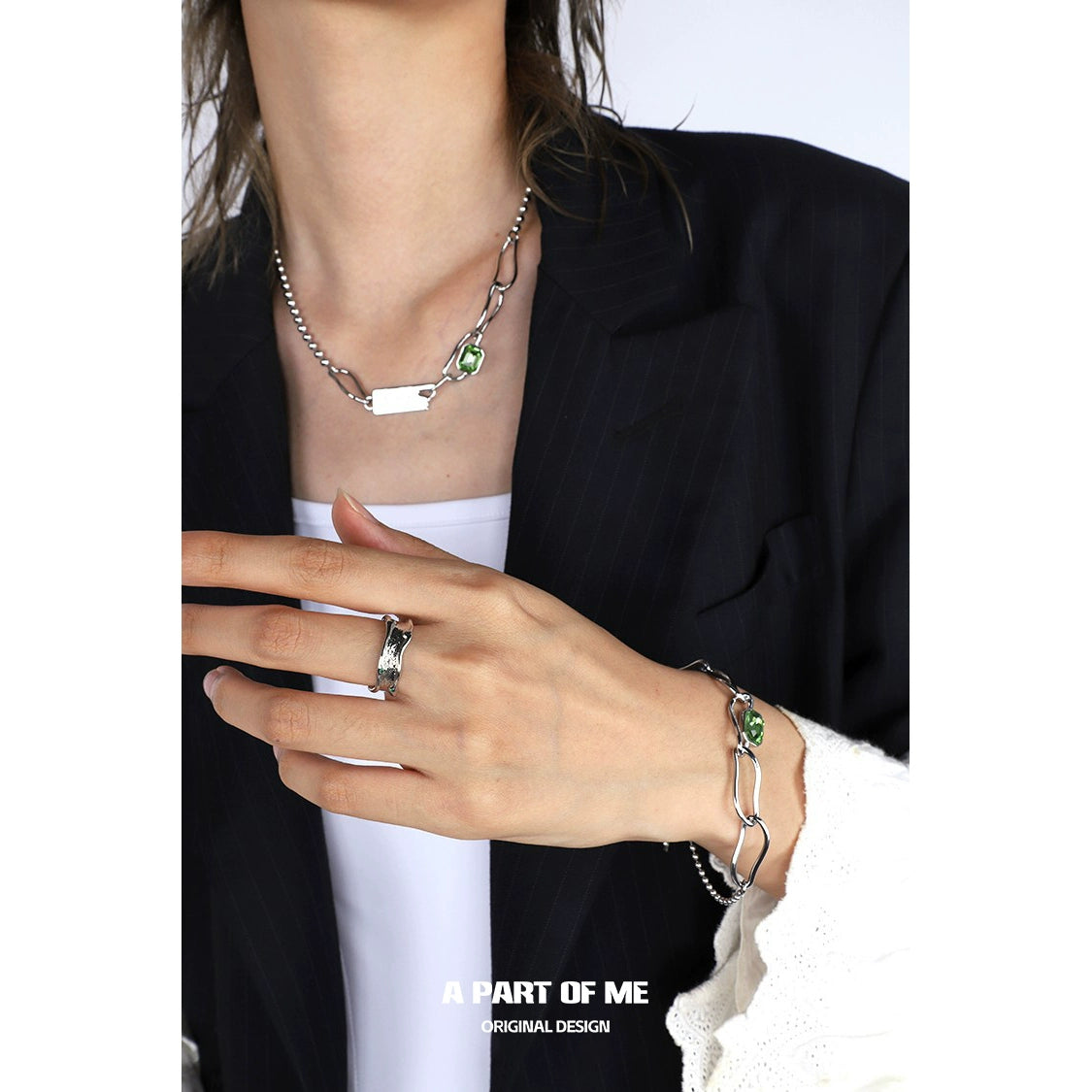 A PART OF ME green crown punk ring showcased on model with stylish jewelry