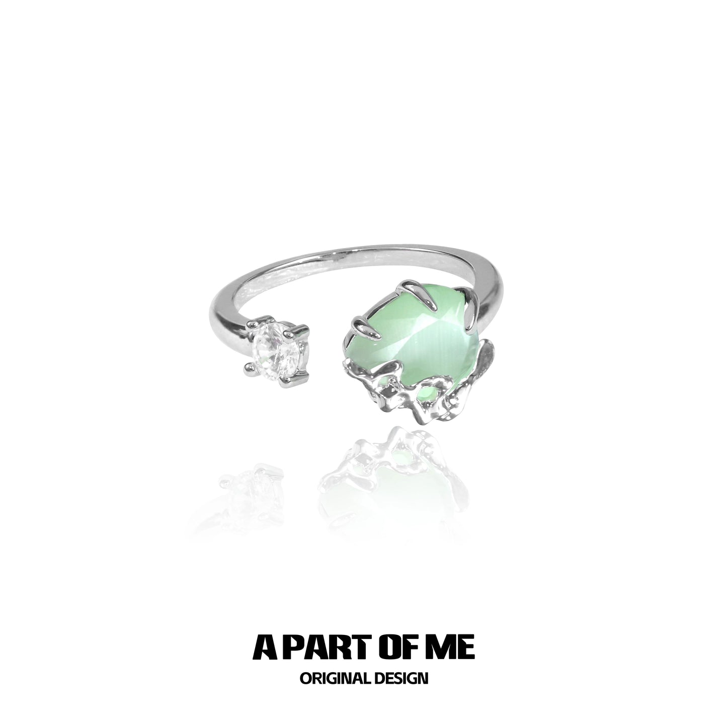 Elegant green opal ring with unique silver band design and sparkling accents