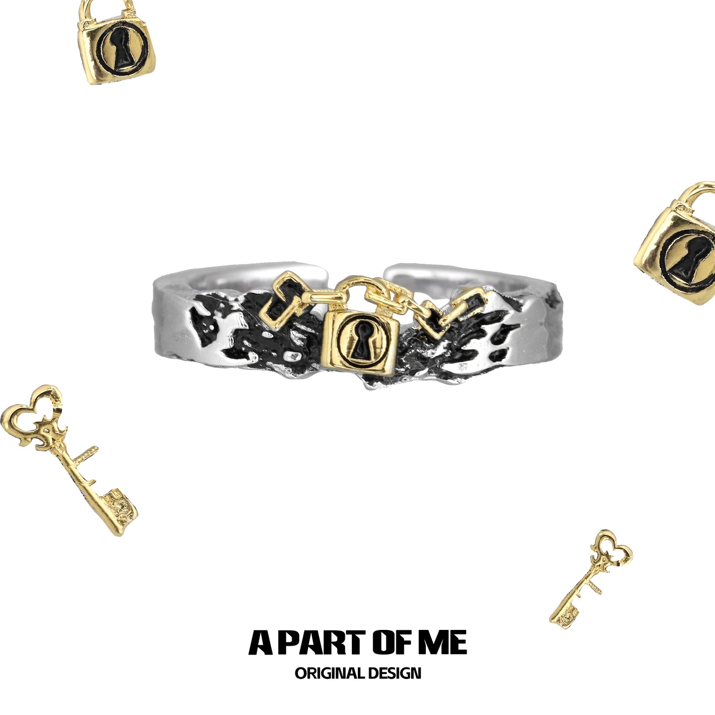 A PART OF ME hell lock ring featuring a unique padlock design with contrasting gold and silver tones