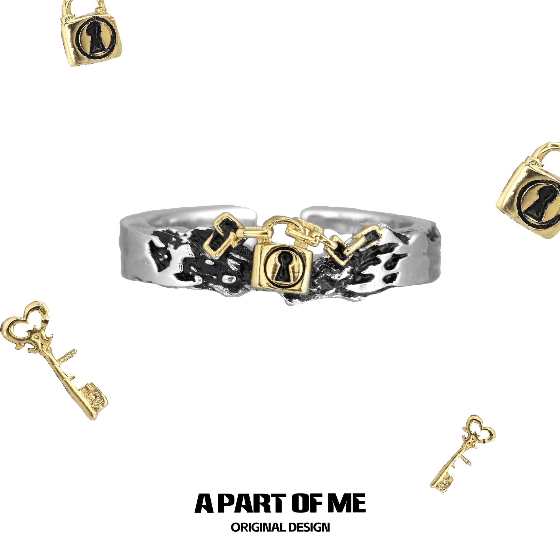 A PART OF ME hell lock ring featuring a unique padlock design with contrasting gold and silver tones