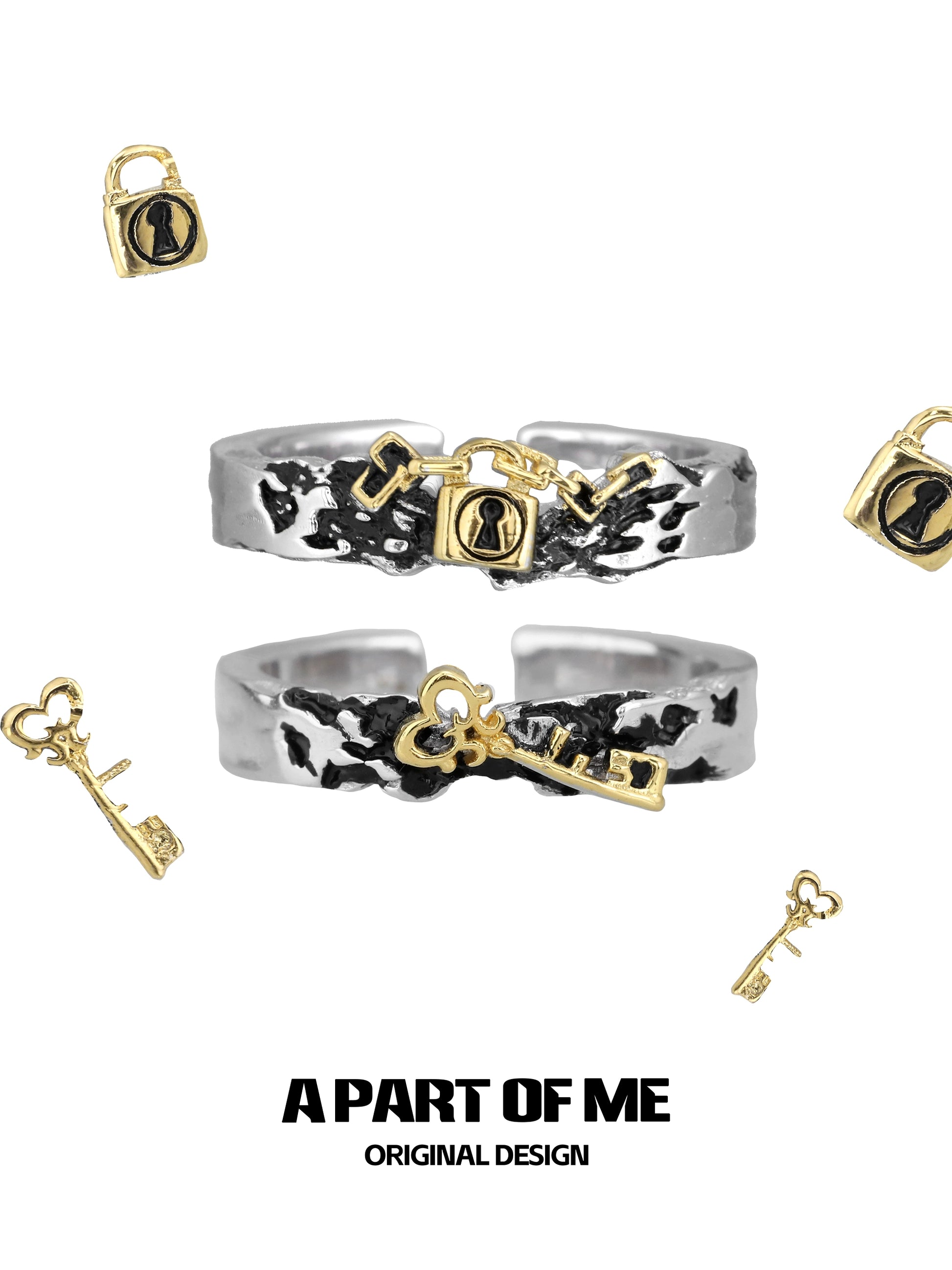 A PART OF ME hell lock ring featuring a unique design with key and padlock motifs in silver and gold