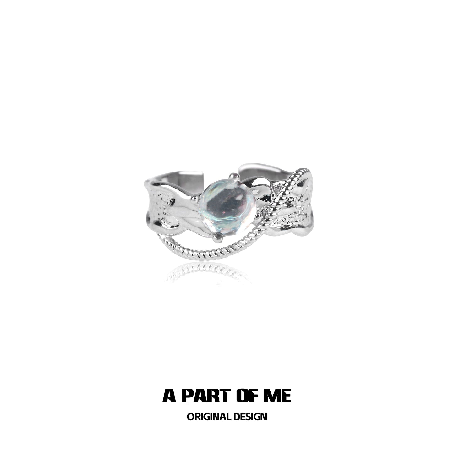 Silver A PART OF ME mermaid moonstone ring with intricate wave design and shimmering gemstone