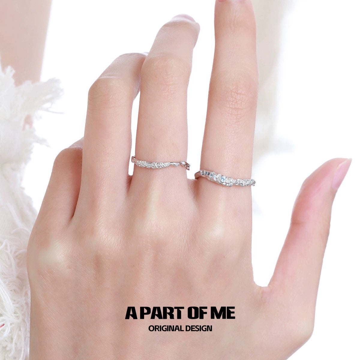Elegant A PART OF ME minimalist lunar texture ring featured on a hand with delicate fingers