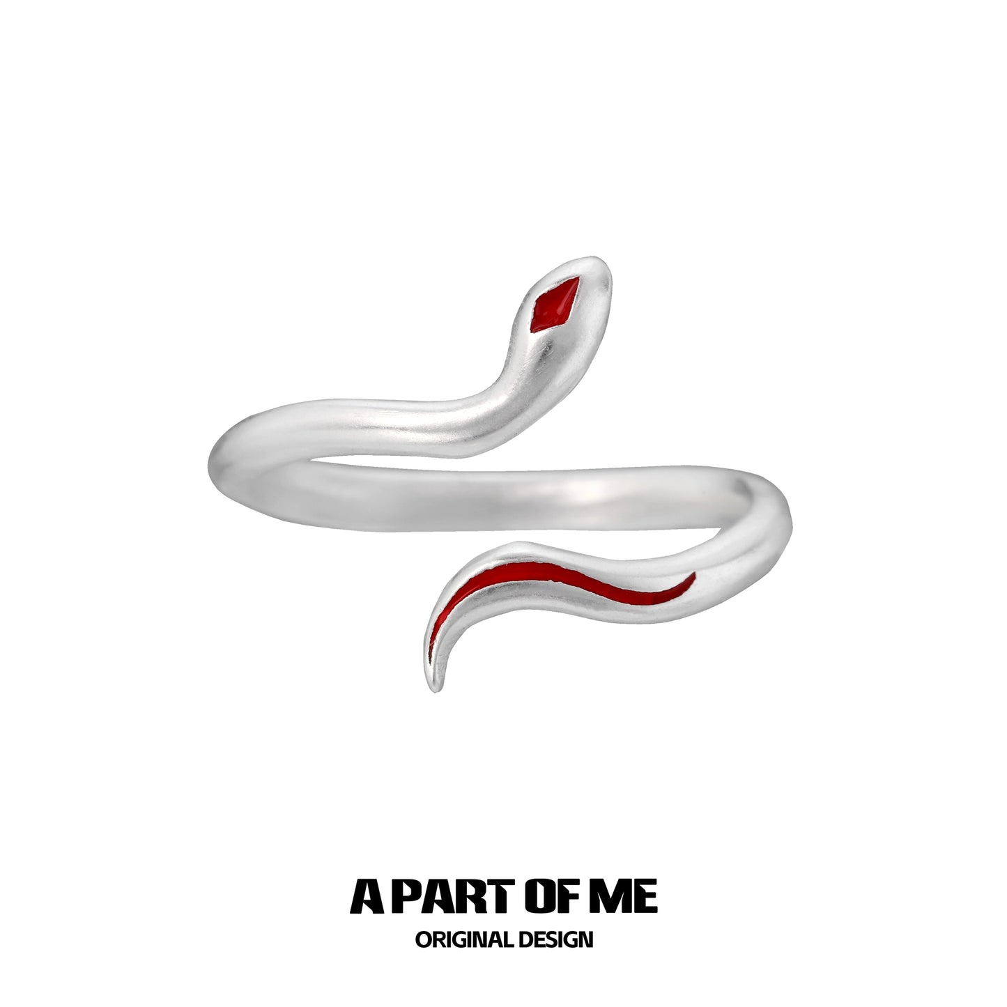 A PART OF ME red snake silver ring featuring a sleek, curled design with a vibrant red accent