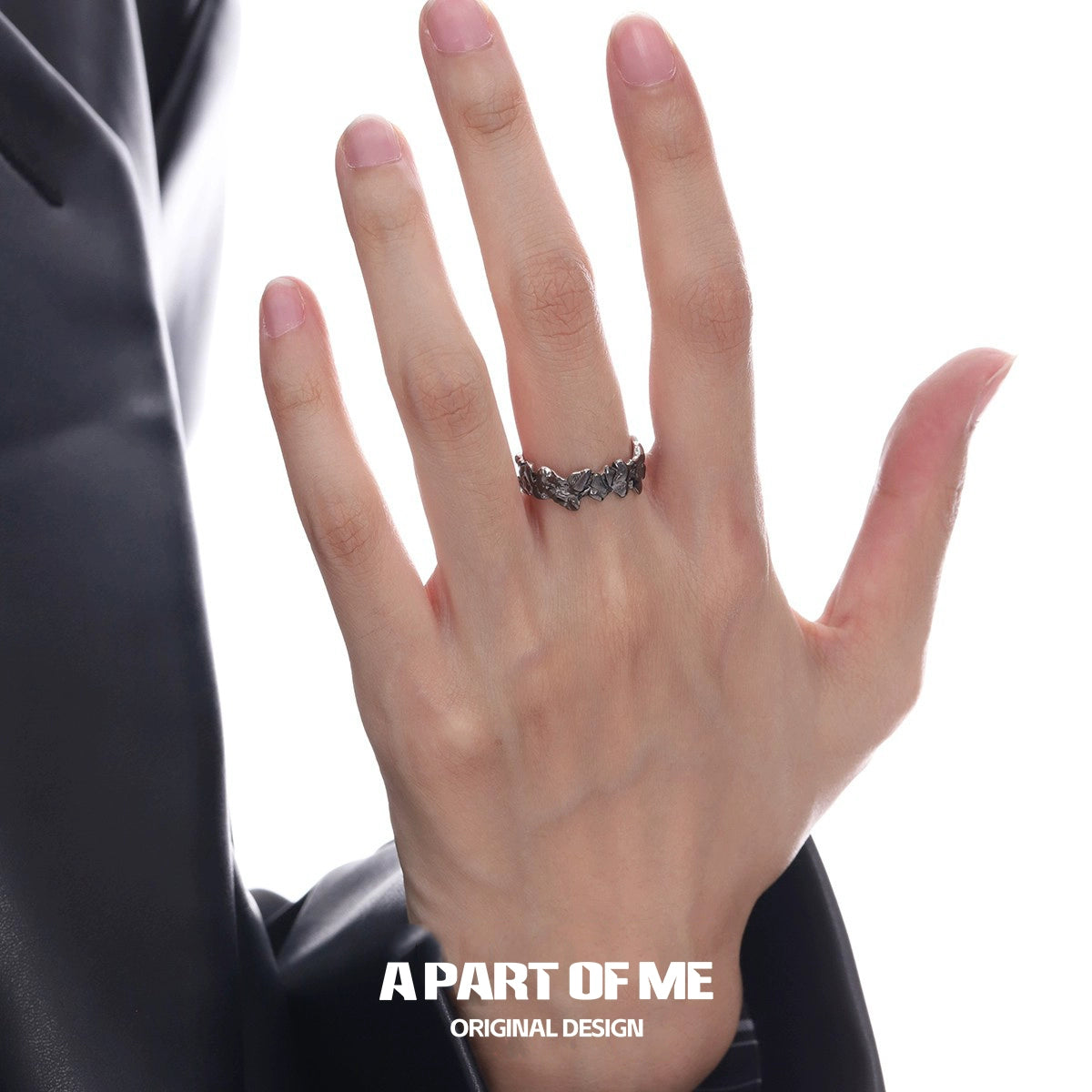 Stylish A PART OF ME rock band ring for men displayed on a hand with a modern design